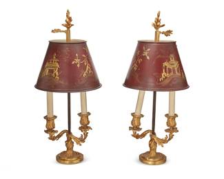 1220
Early/mid-20th century
A Pair Of Louis XV-Style Bouillotte Lamps
Each appears unmarked
Each cast in the form of two-light candelabra with a gilt-bronze foliate base surmounted by a painted metal shade with gilt chinoiserie decoration, electrified, 2 pieces
Each: 22.5" H x 9.75" Dia.
Estimate: $500 - $700