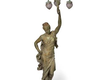 1227
Early 20th century
A French Patinated Bronze Figural Torchère Of A Classical Female Figure
Appears unmarked
The patinated bronze Classically draped figure raising a four-light torch fixture, each light with a later purple glass shade, set on a circular base, electrified
80.5" H x 29" W x 24" D approximately
Estimate: $2,000 - $3,000