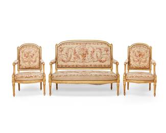 1236
20th century
A Louis XVI-Style Three Piece Salon Suite
Comprising a settee and two fauteuils, each tapestry upholstered with floral and Classical motifs to a carved giltwood carcass raised on fluted tapered legs, 3 pieces
Settee: 40.25" H x 52.5" W x 28" D; each fauteuil: 38" H x 24.75" W x 24" D
Estimate: $800 - $1,200
