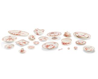 1243
20th century
A Meissen "Indian" Rust Red Porcelain Dinner Service
Each marked for Meissen (two crossed swords) and further marked with various press numbers
The floral and foliate design with gilt edges comprising 14 dinner plates (9.75"), 10 bread and butter plates (8.325"), 8 rimmed bowls (9.325"), 13 pierced dessert plates (8.325"), 6 tea cup saucers (5.75"), 4 coffee cup saucers (5.325"), 1 square salad serving bowl (10"), 1 square low serving bowl (9.5"), 2 leaf-form handled dishes (10"), 1 divided serving dish (13.325"), 2 large oval platters (20.5"), 2 large fish platters (23.625"), 1 oval serving platter (16"), 1 straight-sided circular serving bowl (9.625"), 2 charger plates (14"), 1 small charger plate (12.125"), 1 mustard pot with attached underplate and conforming ladle (6"), 1 cake stand (14.75") 1 gravy boat with attached underplate (10.25"), 1 diminutive bonbonniere (3"), 12 open salts (1.325"), and 8 knife rests (3.875"), 93 pieces
Estimate: $2,000 - $3,000