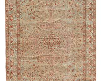 1240
20th century
A Baktiari Area Rug
The wool-on-cotton foundation rug with polychrome geometric motifs surrounding a central medallion on a tan and terracotta ground
16" 5" L x 12' 1" W
Estimate: $3,000 - $4,000