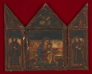 1247
19th century
A Triptych Reliquary
A gesso and polychrome on a folding wooded traveling reliquary triptych, depicting Mother Mary and Baby Jesus in the center panel, with the cross above, and two saints surrounding the central figures, on the left and right panels, and with angels in the upper left and right panels, affixed to a red velvet fabric laid to Masonite
Open: 18.75" H x 15.25" W
Estimate: $600 - $800