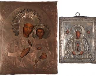 1249
Late 19th/early 20th century
Two Russian Icons Depicting The Mother Of God
Each oklad marked for Russian sterling: 84
The larger with underpainting depicting the Virgin Mary and child with a repousse silver oklad and applied high relief halos for each figure and the smaller with underpainting depicting the Annunciation with a repousse silver okland overlay, 2 pieces
Larger: 8.5" H x 6.75" W x .75" D; smaller: 5.25" H x 4.5" W x 0.625" D
Estimate: $400 - $600