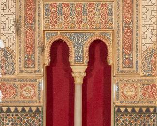 1246
Early 20th century
An Enrique Linares Architectural Model
Stamped to bottom: No 58. / Enrique Linares. / Es Propiedad
The gilt and polychromed plaster and faux marble model of an Alhambra facade, with carved openwork and felt backing
Sight: 12.625" H x 8.125" W
Estimate: $1,000 - $2,000