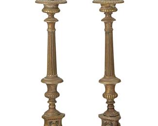 1253
Early 20th century
A Pair Of Baroque-Style Pricket Altar Sticks
Each appears unmarked
Each metal alloy architectural candlestick with columnar body, footed pedestal base, and figural mask decoration depicting Jesus, Virgin Mary, and St. John the Baptist, 2 pieces
Each: 18.5" H x 4" Dia.
Estimate: $500 - $700