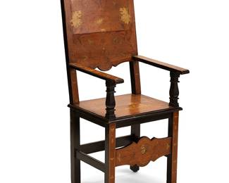1254
19th century
An Italian Renaissance-Style Marquetry Armchair
The part ebonized carved walnut chair with fruitwood marquetry to the back splat depicting two lion figures and acanthus leaf scrolls centering a crest, the seat depicting two figures, one on horseback, on a hunt in a forest landscape, the front stretcher depicting the bust of a man, and the arms and legs conformingly inlaid and decorated
51.75" H x 21.75" W x 22.75" D
Estimate: $400 - $600