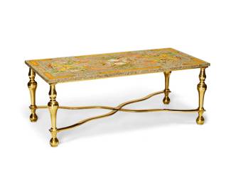 1259
20th century
A Scagliola And Brass Coffee Table
Appears unmarked
The top with avian, floral, and scrollwork motifs, set upon a cast brass base
17" H x 44.5" W x 22" D
Estimate: $800 - $1,200