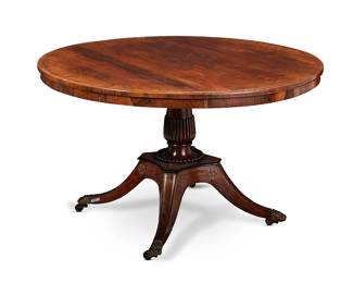 1262
Late 19th/early 20th century
An English Mahogany Flip-Top Breakfast Table
Appears unmarked
With a round top inlaid with brass banding and dots along the edge, set upon a carved pedestal base and four curved legs, each terminating in a paw-form brass end cap and brass caster
28.5" H x 48" Dia.
Estimate: $800 - $1,200