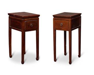 1267
Late 19th century
A Pair Of Chinese Side Tables
Each lacquered wood side table with mortise and tenon joints and a single drawer compartment with black iron pulls, set on four straight squared legs, 2 pieces
Each: 33" H x 14.5" W x 19" D
Estimate: $400 - $600