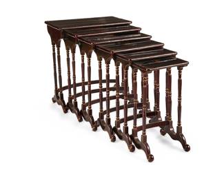 1272
Early/mid-20th century
A Set Of Regency-Style Japanned Nesting Tables
Each black lacquered wood graduated nesting table decorated with painted bamboo motif and set on turned wood and carved legs with gilt accents, each with monogram, 6 pieces
Largest: 30.25" H x 27.5" W x 16" D; smallest: 25.325" H x 13.5" W x 10.325" D
Estimate: $500 - $700