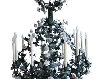1273
Early/mid-20th century
A French Tole And Porcelain Chandelier
The twelve-light chandelier with faux candle lights, each in a foliate holder, featuring green-painted sheet metal leaves and profusely decorated with white porcelain roses, electrified
44" H x 30" Dia.
Estimate: $1,000 - $1,500