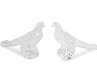 1277
20th century
A Pair Of Steuben Cut Glass Pheasants
Each with engraved Steuben mark
Each clear lead glass bird with cut designs, 2 pieces
Each: 6.25" H x 3" W x 11" D
Estimate: $700 - $1,000