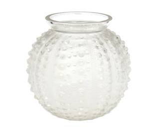 1278
Circa 1924-1945; France
A René Lalique "Oursin" Vase
Sand blasted to the underside of base: R. LALIQUE FRANCE
The molded frosted glass spherical vessel with an all-over raised projections patterning, mimicking a sea urchin, in polished and frosted glass
7.25" H x 6.75" Dia.
Estimate: $600 - $800
