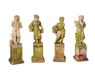 1282
Late 20th century
A Set Of English-Style Cast Stone Garden Figures
Each appears unmarked
Comprising four allegorical figures of children, each with attribute representing the four seasons and set upon a concrete pedestal of square outline, 8 pieces
Each with pedestal: 43" H x 12" W x 9" D approximately
Estimate: $1,000 - $1,500