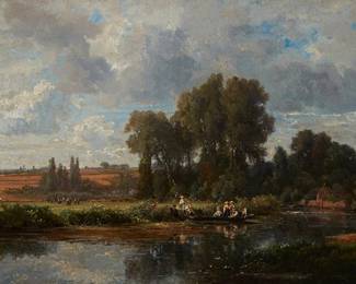 1292
Alexandre Rene Veron
1826-1897
River Landscape People Fishing, 1873
Oil on canvas
Signed and dated lower left: AR. Veron
17.5" H x 29" W
Estimate: $1,000 - $1,500