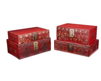 1300
Early 20th century
Four Chinese Pig Chests
The red lacquered pigskin chests, each with iron opposed handles and latch hardware, two featuring bat and shou medallion motifs, and two with various gilt painted figural scenes or highlights, each revealing open cavities, 4 pieces
Largest: 11.25" H x 29.5" W x 19.5" D; smallest: 6.75" H x 27.5" W x 18.75" D
Estimate: $400 - $600