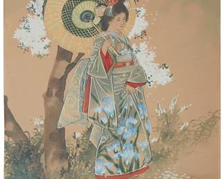 1304
Toshio Aoki
1854-1912
Woman With Parasol Under A Cherry Blossom Tree
Watercolor and gouache on toned paper
Signed lower right: T. Aoki; inscribed in Japanese characters lower left
Image/Sheet: 22" H x 14" W
Estimate: $3,000 - $5,000