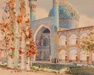 1319
Yervand Nahapetian
1916-2006
"Isfahan," 1958
Watercolor on paper
Signed, titled, and dated lower right: Y. Nahapetian
Image/Sheet: 22.5" H x 17.5" W
Estimate: $500 - $700