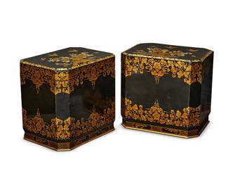 1323
20th century
A Pair Of East Asian Lacquered And Giltwood Chests
Each lined with sheets of paper covered in Chinese characters and illustrations
Each lidded rectangular chest with indented corners, the sides covered in hiramaki-e-style lotus scroll, avian, and butterfly motifs, 2 pieces
Each: 22" H x 24" L x 18.25" D
Estimate: $600 - $800
