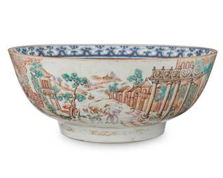1326
18th century or later
A Chinese Export Enameled Porcelain Bowl
Appears unmarked
The exterior with a polychrome enameled wrap-around figural tableau and the interior rim with a blue and white band of repeating geometric motifs
5" H x 12.5" Dia.
Estimate: $500 - $800