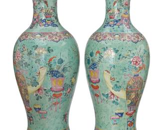 1325
20th century
A Pair Of Chinese Enameled Porcelain Vases
Each marked to the underside in red enamel bearing an apocryphal reign mark for Qianlong Period (1736-1795)
Each baluster form vase with polychrome enameled decoration depicting the 'hundred antiques' pattern and floral motifs on an unusual, speckled, turquoise-colored ground, 2 pieces
Each: 22.5" H x 8" Dia.
Estimate: $1,000 - $1,500