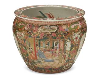 1327
20th century
A Chinese Famille Rose Enameled Porcelain Fishbowl
Marked to the underside in red enamel bearing an apocryphal reign mark for Qianlong Period (1736-1795)
The ceramic jardinière with all-over enameling in the famille rose palette depicting medallions of floral arrangements, alternating with figural scenes to the exterior, and goldfish and aquatic plants to the interior
15.5" H x 19" Dia.
Estimate: $500 - $700