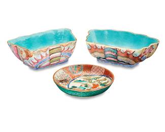 1329
Tongzhi Emperor 1862-1874, Qing Dynasty 1636–1912; China
A Group Of Chinese Enameled Porcelain Items
Butterfly bowls marked to the underside in red enamel bearing the reign mark for Tongzhi Emperor (1862-1874); bowl marked to the underside in red enamel with Chinese characters
Three enameled porcelain bowls comprising two butterfly shaped bowls with Famille Rose enamels and gilt accents and a small round dish, decorated in gilt and enamels depicting figures in a wooded scene, 3 pieces
Largest: 2.25" H x 7.25" W x 4" D; smallest: 1" H x 4.75" Dia.
Estimate: $400 - $600