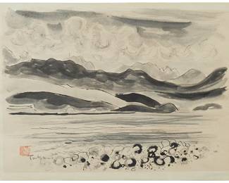 1331
George Tsutakawa
1910-1997
Untitled From The "Hood Canal Series," 1970
Sumi ink on mulberry paper
Signed and dated in Sumi ink lower right: Tsutakawa; titled on the frame's cardboard backing
Sheet: 19" H x 23.75" W
Estimate: $3,000 - $5,000