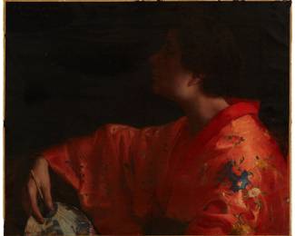 1332
Carol Coventry Haynes
1857-1951
Woman In Kimono With Fan, 1890
Oil on canvas laid to canvas
Signed and dated upper left: C. Coventry Haynes
21.375" H x 25.75" W
Estimate: $600 - $800
