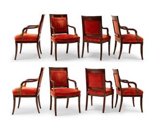 1336
19th century
A Set Of Empire-Style Mahogany Fauteuils
Each appears unmarked
Featuring carved and gilt dolphin motifs at the armrest junctures and red velvet upholstered backs with inner piping and seats with piped edges, 8 pieces
Each: 37.5" H x 23.5" W x 26" D approximately
Estimate: $1,000 - $1,500