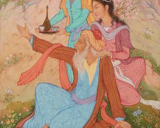 1335
Abbas Moayeri
1939-2020
Figures On A Hillside, 1984
Gouache, watercolor, gold, and silver on paper
Signed and dated in Farsi lower left
Sheet: 11.625" H x 8" W
Estimate: $800 - $1,200