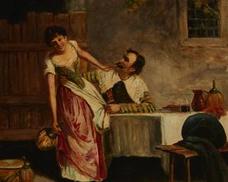 1343
Ferdinand Roybet
1840-1920
"Flirtation"
Oil on canvas
Signed lower right: F Roybet; titled on frame plaque
24" H x 20" W
Estimate: $3,000 - $5,000
