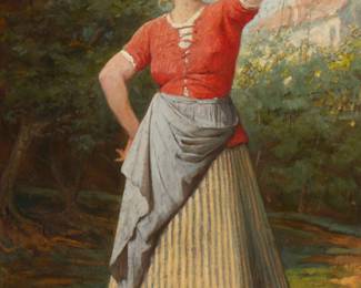 1344
Late 19th/Early 20th Century Continental School
Standing figure balancing a water bucket
Oil on canvas laid to canvas
Signed indistinctly lower left
15" H x 9" W
Estimate: $400 - $600