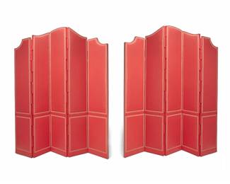 1351
Late 20th/early 21st century
A Pair Of Contemporary Silk Upholstered Room Dividers
Comprising two hinged, five-panel upholstered room dividers each with red silk and white brocade trim
Each: 115" H x 92" W x 2" D
Estimate: $1,000 - $2,000