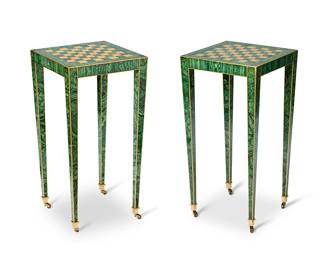1352
Late 20th century
A Pair Of Refinished Donghia Side Tables
Each impressed to underside: © Donghia; further marked with metal plaque: Isabel Oneil / 1995 / Studio-Workshop
The wood tables have been refinished by an unknown student at the Isabel Oneil Studio Workshop school with gold-toned paint and a faux malachite finish featuring a checkered game tabletop, set on four attenuated post legs on brass casters, 2 pieces
Each: 30.25" H x 15" W x 15" D
Estimate: $600 - $800