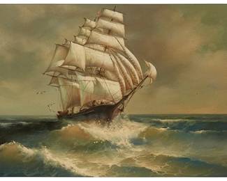 1361
Eugene Garin
1922-1994
"Tradewinds"
Oil on canvas
Signed lower right: E. Garin; titled on label affixed to stretcher
24" H x 48" W
Estimate: $1,000 - $2,000