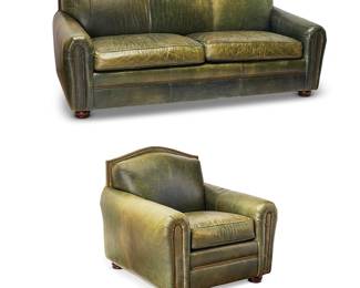1364
Late 20th/early 21st century
A Vanguard Craftwork Green Leather Sofa And Armchair
Each with a cloth tag: Craftwork / A Vanguard Company; each further marked with leather care instructions
The contemporary upholstered seating set, each upholstered in distressed forest green leather with brass tacking, 2 pieces
Sofa: 32.5" H x 78" W x 36" D; armchair: 36" H x 36" W x 36" D
Estimate: $1,000 - $2,000