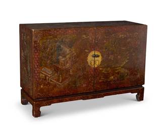 1366
Mid/late 20th century; Grand Rapids, MI
A Widdicomb Co. Chinoiserie Lacquered Wood Credenza
Metal tag to the interior left drawer: John Widdicomb / Grand Rapids / © 1900
The two-door wood cabinet with an applied faux tortoiseshell finish, all surfaces incised with figural tableaus, each framed by geometric motifs and dragons, opening to reveal two interior drawers surmounting dual shelving spaces; set upon four Chinoiserie-style carved wood legs
32.5" H x 48" W x 17.25" D
Estimate: $600 - $800