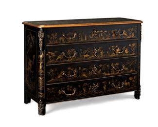 1367
Mid/late 20th century
A Baker Furniture Chinoiserie Chest Of Drawers
With metal Baker Furniture tag to the interior of the top drawer; further stamped on the verso: 405
The chest of four drawers with a black leather wrapped front and top, low-relief, gilt accented figural and mythical tableaus to the top and each drawer front, cast brass foliate mounts, locks, and pulls, and set on four squared legs
35" H x 48" W x 19" D
Estimate: $800 - $1,200