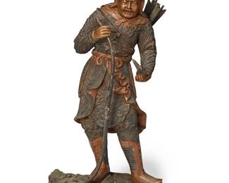 1373
Early/mid-20th century
A Miyao-Style Bronze Samurai Sculpture
Appears unmarked
Likely Japanese, the sculpture in the manner of Miyao Eisuke depicting a samurai clad in armor, a quiver full of arrows on his back, and wielding a bow
38" H x 26" W x 13" D
Estimate: $2,000 - $3,000