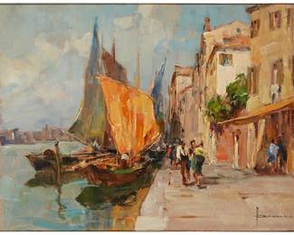 1377
Angelo Brombo
1893-1962
Venetian Waterfront
Oil on canvas
Signed lower right: A. Brombo
12" H x 16" W
Estimate: $500 - $700
