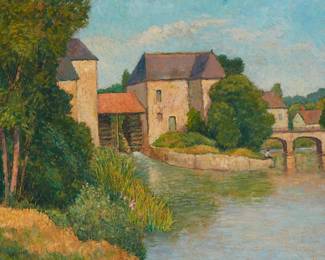 1376
Harry Lachman
1886-1975
"Moulin Sur L'Indre"
Oil on canvas
Signed lower left: Lachman; titled in ink on the stretcher; titled in ink and on two labels affixed to the stretcher
18" H x 21" W
Estimate: $800 - $1,200