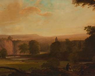 1383
Thomas Barker Of Bath
1769-1847
"A View Near Welbeck Abbey"
Oil on canvas
Initialed lower right: T.B; titled on the frame plaque; titled again and annotated in pen in another hand on the stretcher
24" H x 36" W
Estimate: $1,000 - $2,000