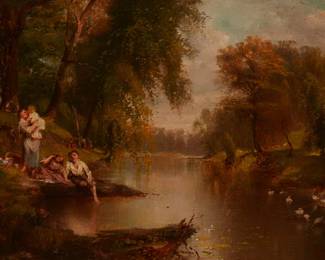 1384
John Mulvany
1844-1906
Figures By A Lakeside
Oil on canvas
Signed lower right: Jno. Mulvany; with the artist's name again on the frame plaque
12" H x 18" W
Estimate: $2,500 - $3,500