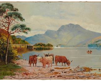 1385
John Middleton
19/20th century
"Loch Lomond & Banfram" 1906
Oil on canvas
Signed and dated lower left: J. Middleton; titled on the stretcher
12" H x 18" W
Estimate: $800 - $1,200