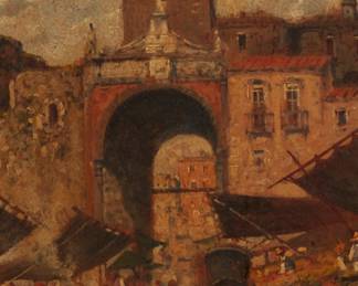 1387
Giuseppe Carelli
1858-1921
The Town's Street Market
Oil on panel
Signed lower right: G. Carelli
6.5" H x 12" W
Estimate: $600 - $800