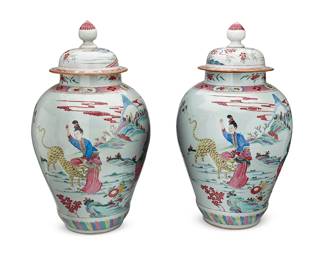 1391
18th/19th century or later
A Pair Of Chinese Enameled Porcelain Jars
Each appears unmarked
Each ceramic jar with fitted lid, decorated in polychrome enameled continuous figural scenes and floral motifs, 2 pieces
Each: 25" H x 12" D
Estimate: $2,000 - $3,000