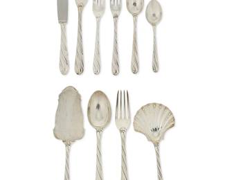 1392
Mid/late 20th century
A Buccellati "Torchon" Sterling Silver Flatware Service
Each marked: Buccellati / Italy / Sterling
Comprising 8 place knives (9.625"), 8 place spoons (7"), 8 tea spoons (5.75"), 8 place forks (8.5"), 12 salad forks (7"), 2 dessert forks (7"), 1 table spoon, 1 serving fork (10.125"), 1 pierced vegetable serving spoon (8.875"), and 1 pie server (10.625"), 50 pieces
Weighable sterling: 90.0275 oz. troy approximately
Estimate: $2,000 - $3,000