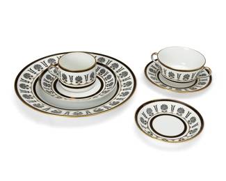 1393
Late 20th century
A Richard Ginori "Ercolano Blak" Porcelain China Service
Small items marked to underside: Richard Ginori / Manifattura di Doccia / Florence Italy; dinner plates marked: Richard Ginori / Italy / Finest in China since 1735 / Ercolano Blak
Comprising 14 dinner plates (10.5" Dia.), 14 bread and butter plates (6.325" Dia.), 14 handled cream soup bowls (4.325" Dia.) with 14 saucers (6.75" Dia.), 18 coffee mugs (3.25" Dia.) with 14 saucers (5.325" Dia.), 88 pieces
Estimate: $800 - $1,200