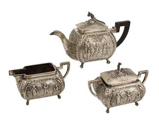 1394
Early 19th century
A Continental .800 Silver Solitaire Tea Service
Unidentified hallmarks to underside
The likely German set, comprising a tea pot, a covered sugar bowl, and a creamer, with embossed decorative panels depicting figures dancing in village settings, 3 pieces
Estimate: $300 - $500